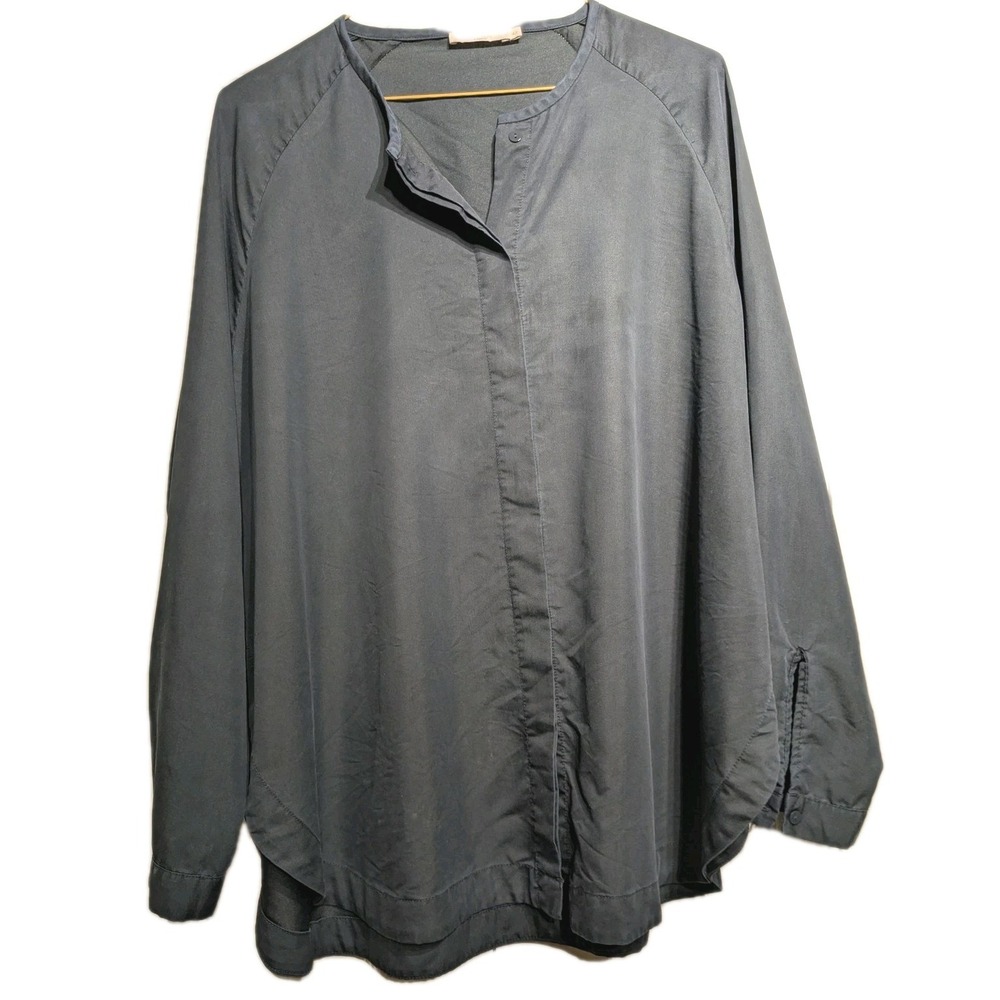 Wera Stockholm Shirt Women 42 Blue Tencel Button Front Tunic Top Long Sleeve